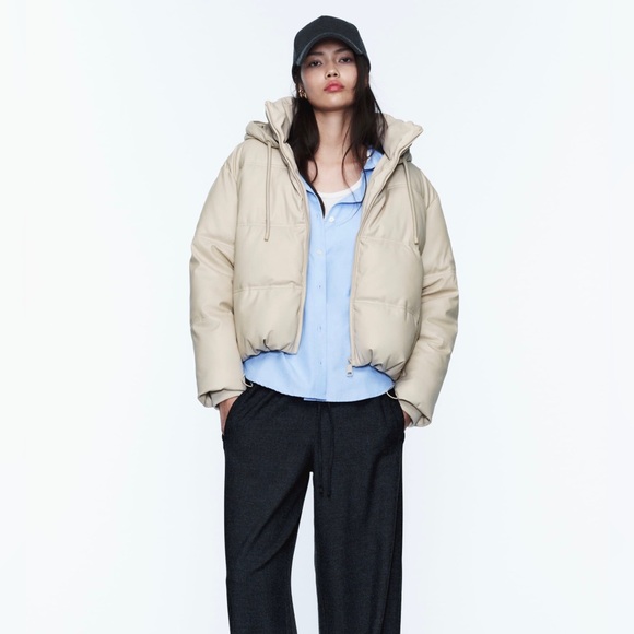Cream Leather puffer coat with hood. - Picture 1 of 3
